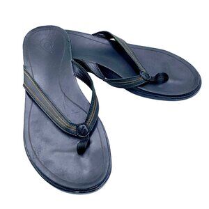 OluKai Aukai Beach Flip-Flop Sandals US 10 EU 40 Black Leather Upper Rubber Sole